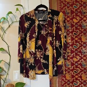 Kasper Women's Black and Yellow Floral Chain Blouse And Cardigan